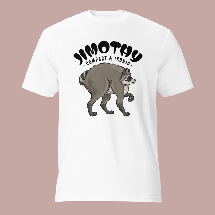 Celebrate a favorite internet icon with this original “Jimothy – Compact & Iconic” graphic tee! Featuring a custom, hand-drawn cartoon illustration of everyone’s favorite round raccoon, this shirt brings a touch of humor and unique style to your daily wardrobe. • 100% ring-spun cotton • Heather Grey is 90% cotton and 10% polyester (all other heather colors are 35% cotton and 65% polyester) • Fabric weight: 4.3 oz/yd² (145.79 g/m²) • Pre-shrunk • Shoulder-to-shoulder taping • Double-stitched sleeves and bottom hem • Blank product sourced from various global locations, including Haiti, Honduras, Mexico, or Bangladesh. Disclaimer: Due to the fabric properties, the White color variant may appear off-white rather than bright white. Note: This item is a standalone, transformative fan tribute created by an independent artist. It is not affiliated with, endorsed by, or an official product of any external brands or viral media creators.